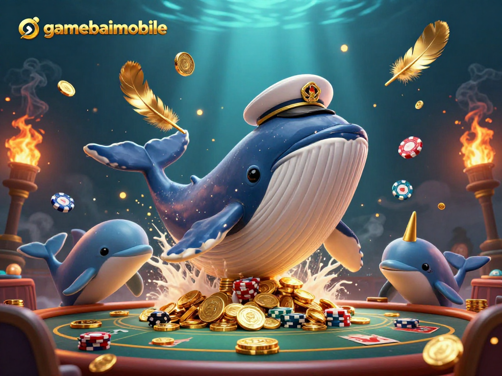 Spin with excitement at gamebaimobile's vibrant casino adventure featuring whales, coins, and poker!