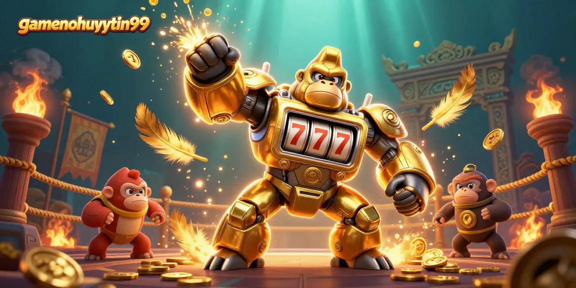 Engage with gamenohuuytin99's exciting gaming scene featuring a powerful golden gorilla mech!