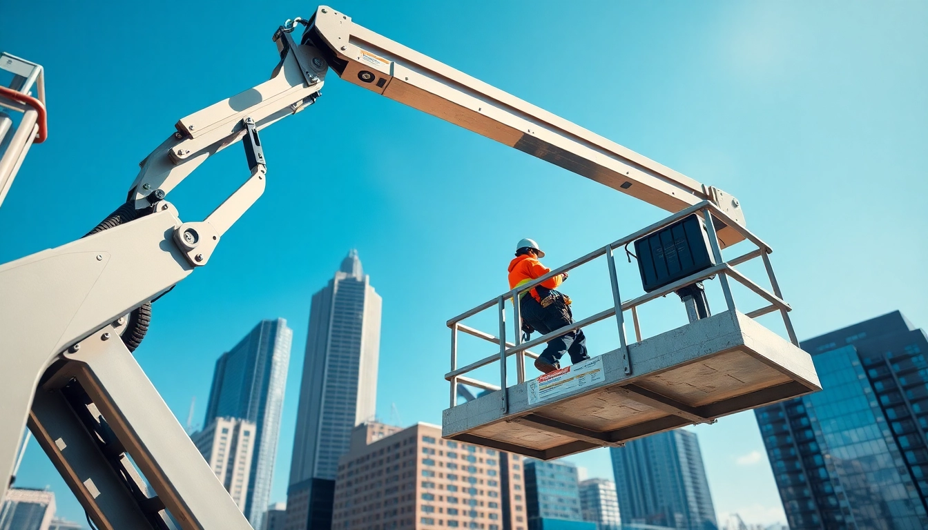 Worker using a cherry picker to reach high maintenance areas in a construction setting.