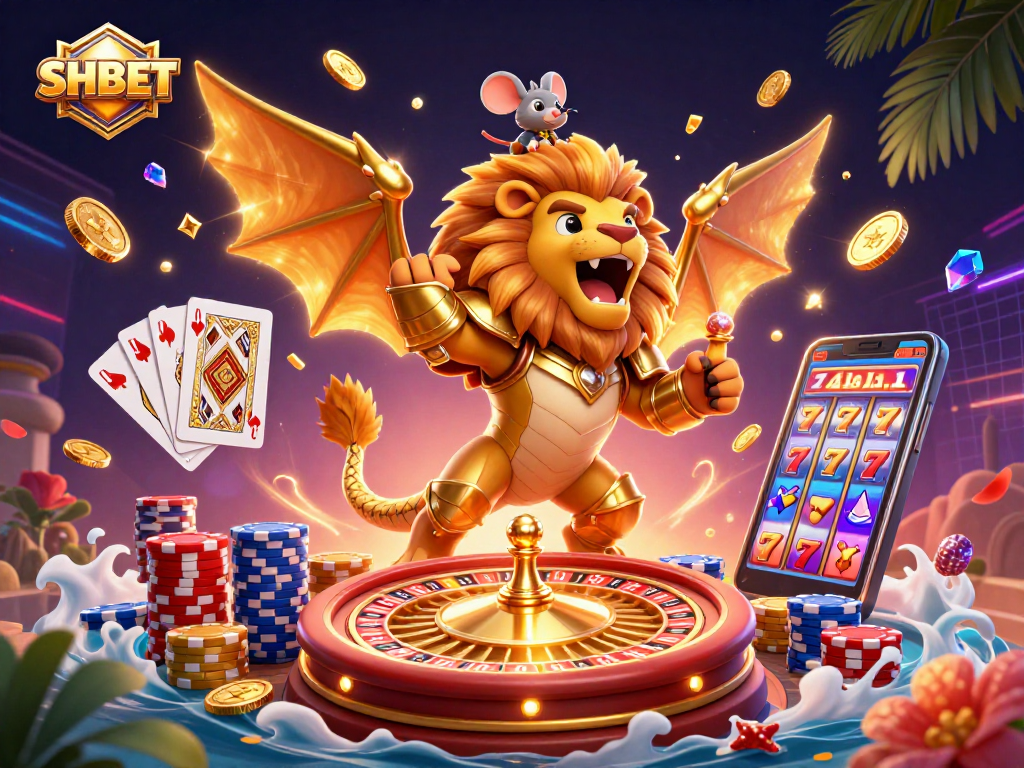 Play at SHBET with excitement as the golden chimera and mouse jockey celebrate in a vibrant casino scene.
