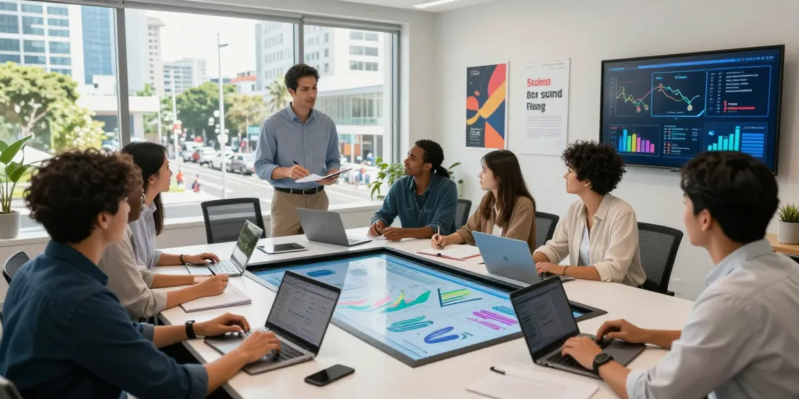 Marketing Agency Gold Coast team collaborating in a modern office setting with vibrant branding and analytics displays.