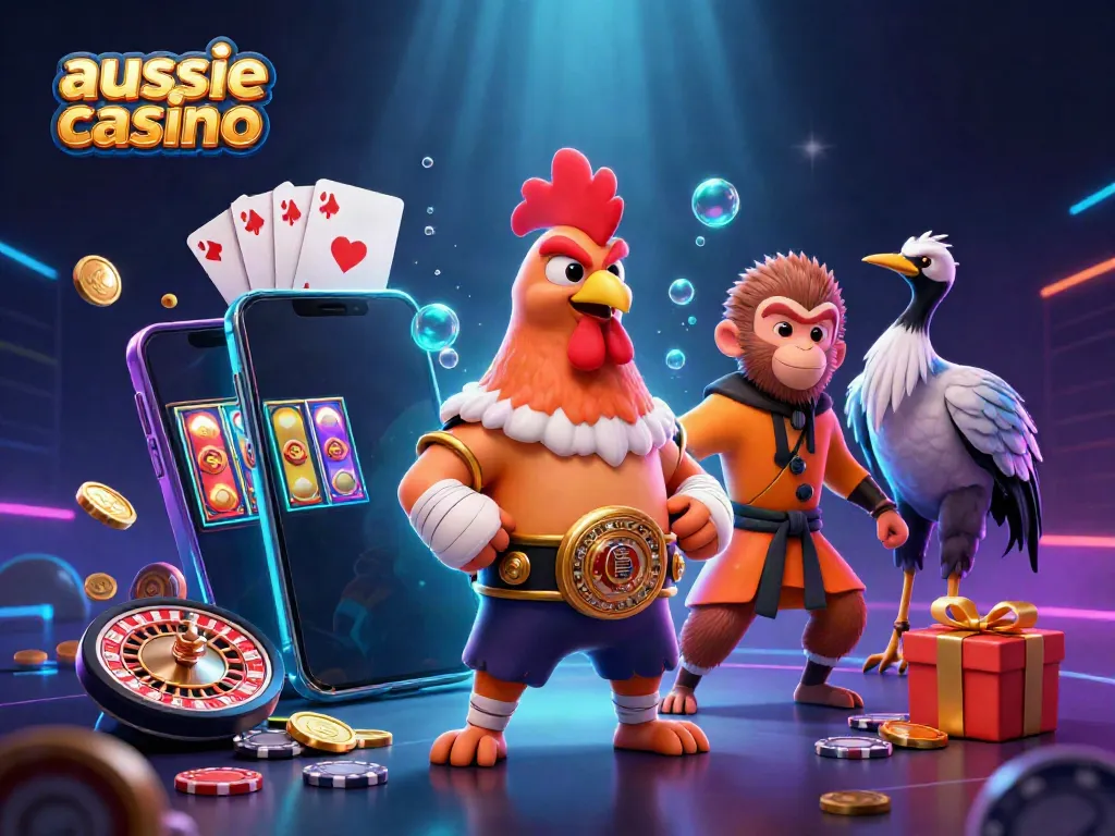 Play pokies with exciting features at aussie casino, featuring vibrant gaming elements.