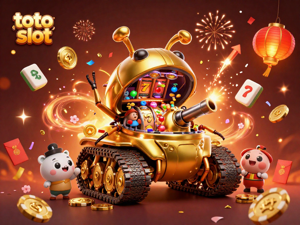 Permainan toto slot yang menarik dengan simbol keberuntungan berkilauan dan suasana ceria.