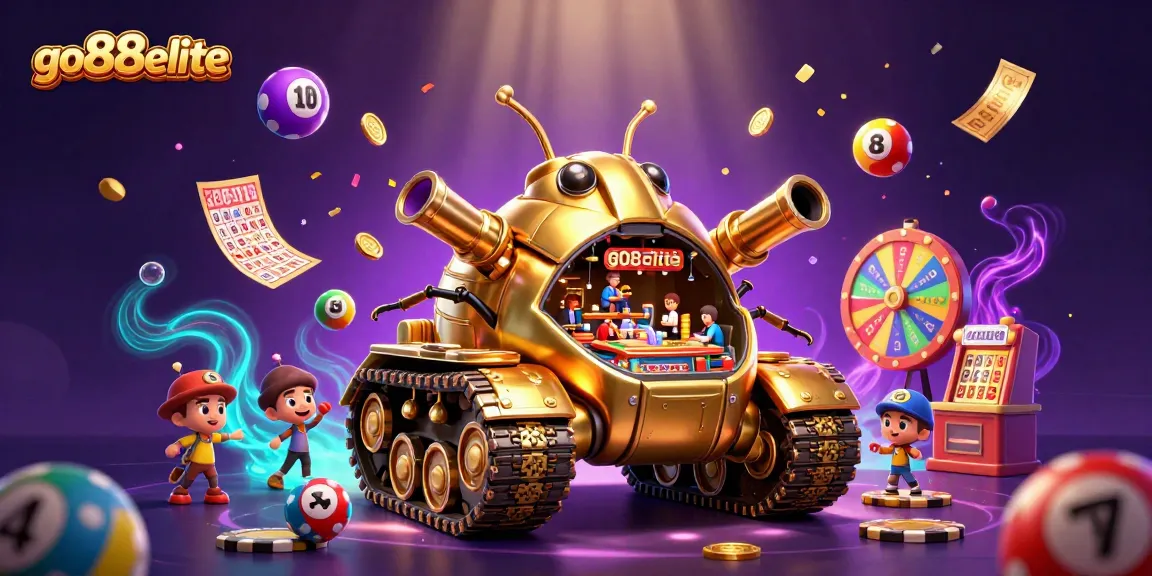 Experience the excitement of go88elite with our vibrant casino-themed illustration featuring a golden beetle tank and lively gaming elements.