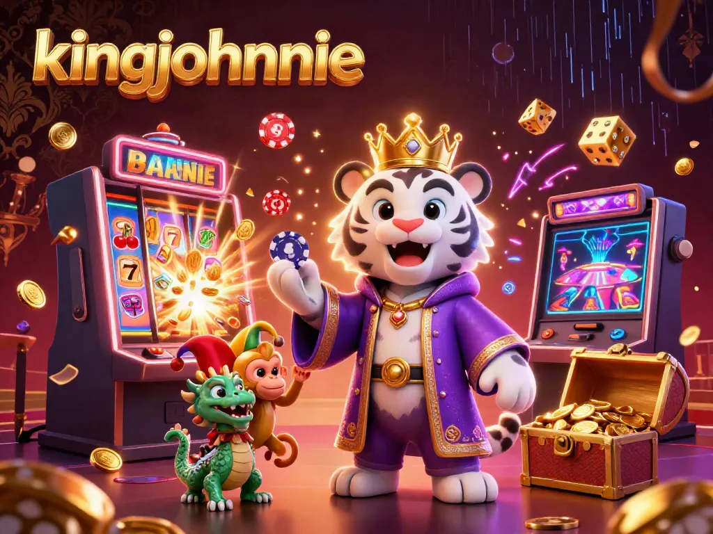 Engage in exciting gameplay with kingjohnnie, featuring a regal tiger and festive casino elements.