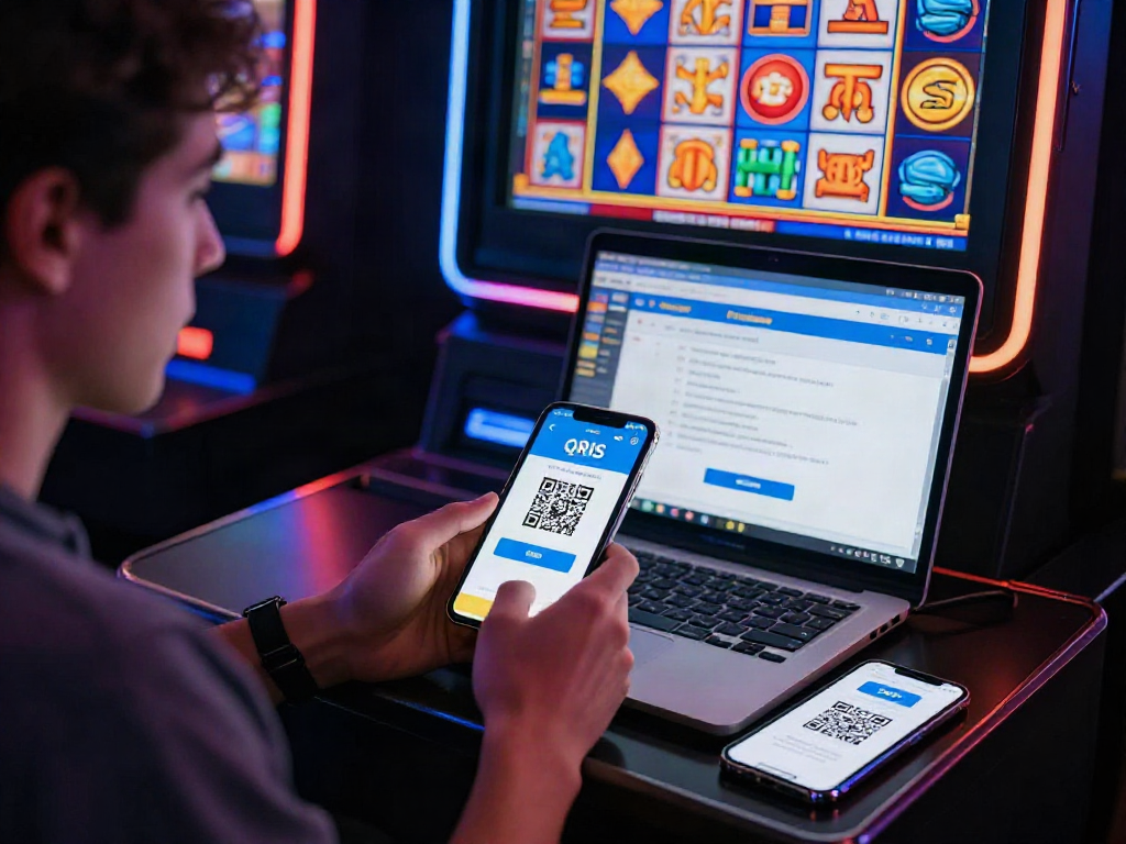 Engaging mobile slot gaming scene featuring a QRIS payment option and vibrant graphics.