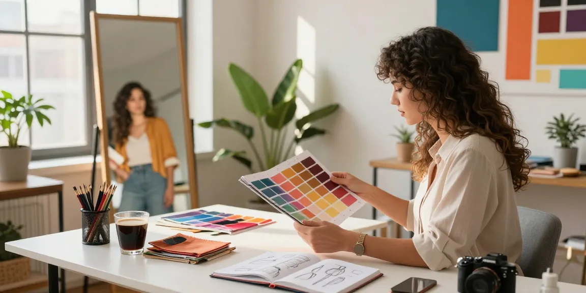 Scena di consulenza d'immagine con stilista che analizza campioni di colore e accessori in un ufficio accogliente, illuminato da luce naturale.