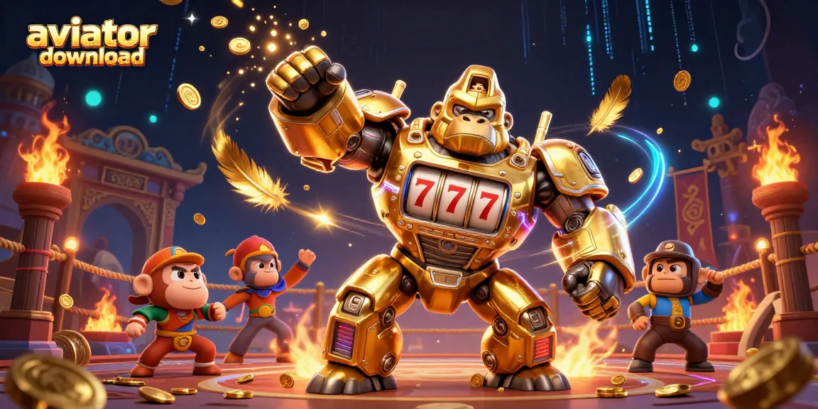 Experience the thrilling aviator download with visuals of a mech gorilla and spinning slot reels.