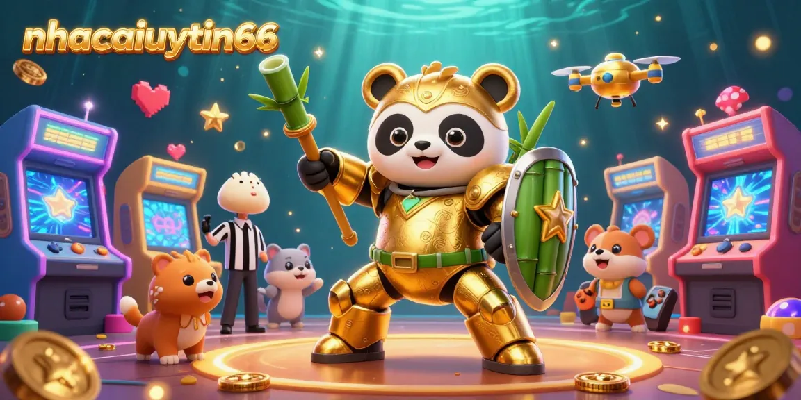 Engage in thrilling betting action with nhacaiuytin66's immersive gaming scene featuring a golden panda and exciting casino elements.