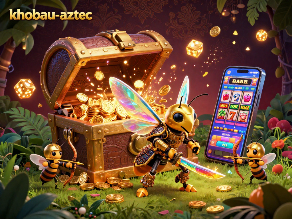 Experience the excitement of khobau-aztec with a golden hornet warrior amidst treasure and jackpot symbols.