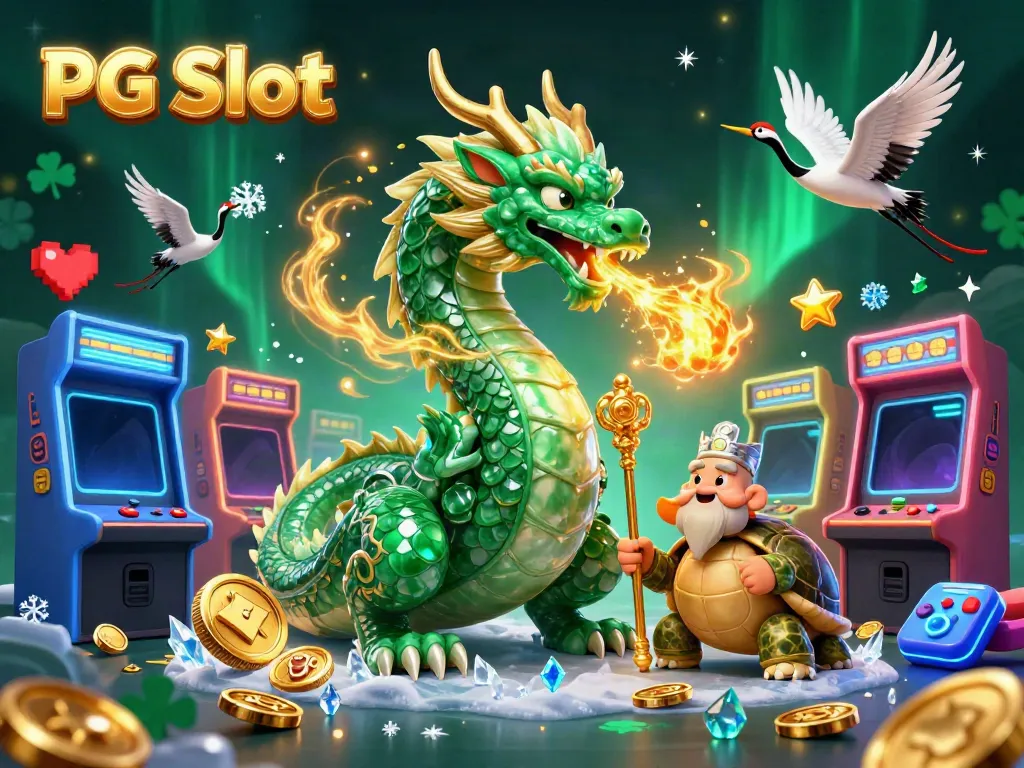 Experience thrilling PG Slot gameplay with an emerald dragon, lucky cranes, and glowing game machines.
