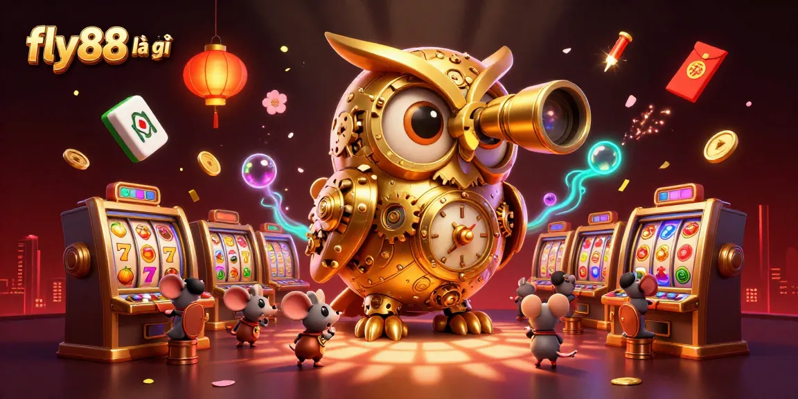 Engage with fly88 là gì while exploring a vibrant 3D casino scene featuring an owl and slot machines.