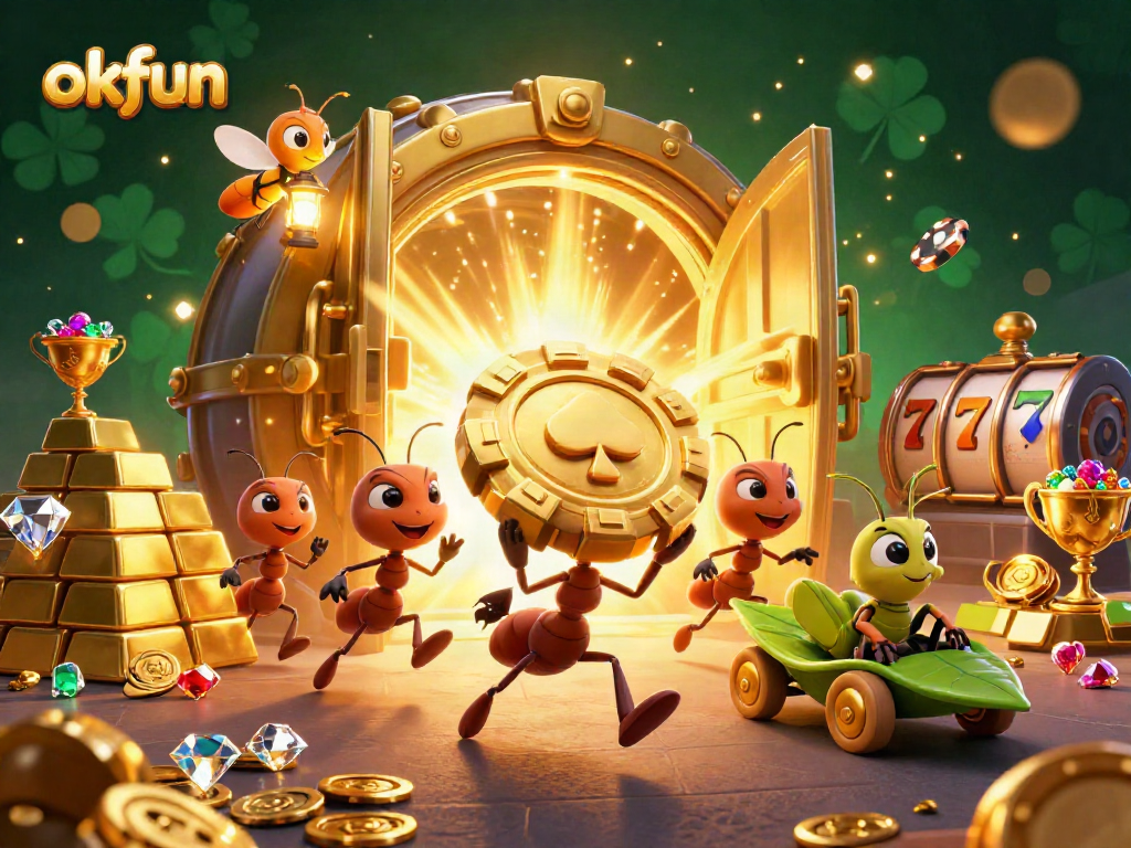 Engage in a thrilling heist adventure with okfun, where playful ants carry a giant poker chip amidst casino treasures.
