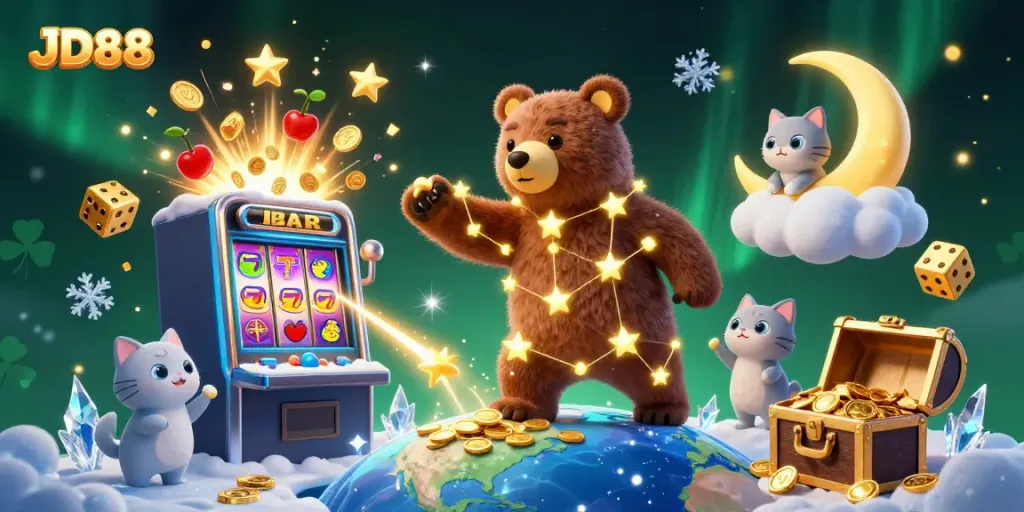 Experience the vibrant adventure of JD88 with magical characters and exciting casino elements bursting from the scene.