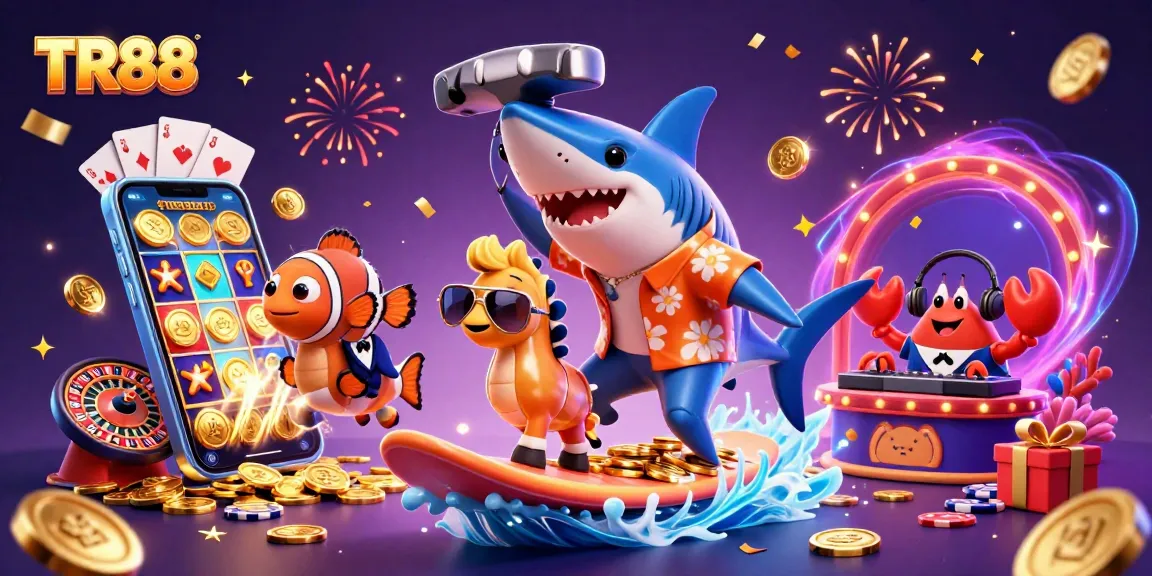 Experience thrilling gameplay with TR88 as a shark surfs on golden coins, surrounded by vibrant casino elements.