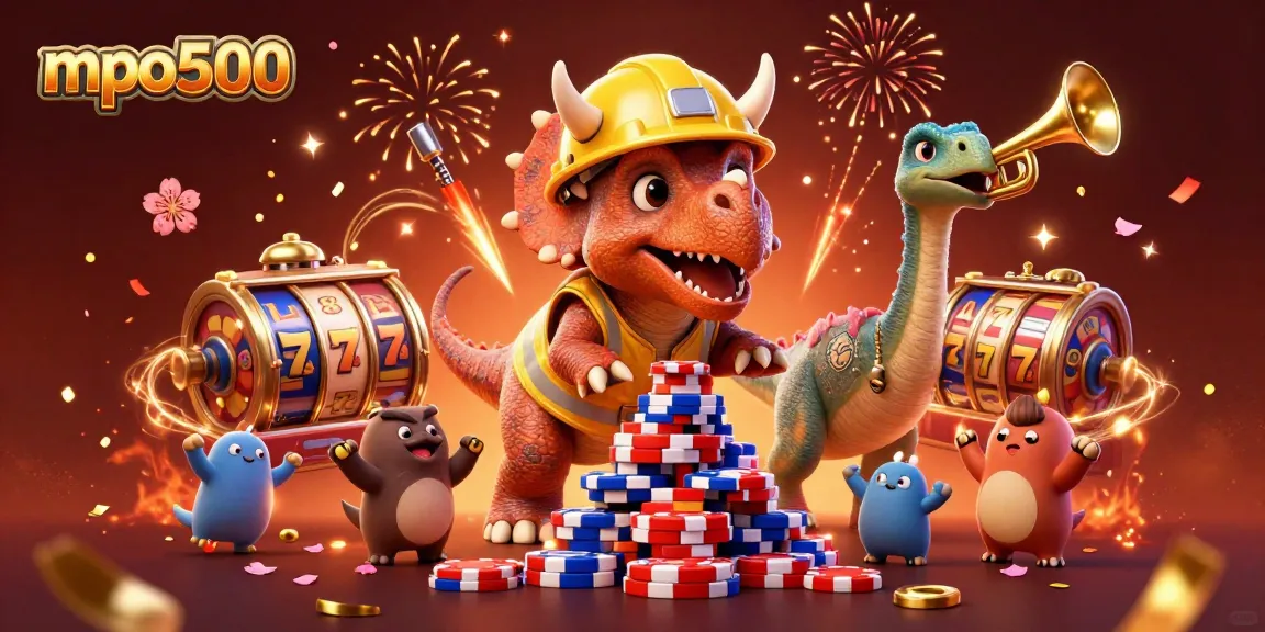 Celebrate big wins with mpo500 in a dynamic 3D illustration featuring fun characters and vibrant casino elements.