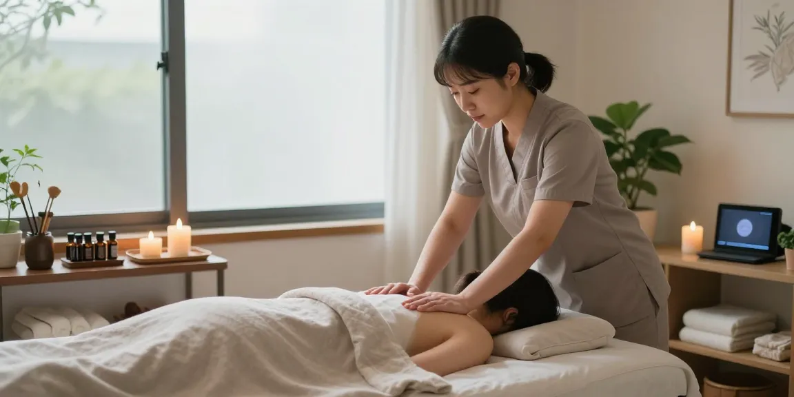 Professional therapist providing a tranquil 부천출장안마 experience in a serene massage studio with soft lighting and calming elements.