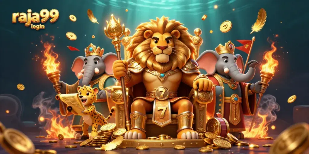 Engage in thrilling gameplay with raja99 login featuring a lion king and casino atmosphere.