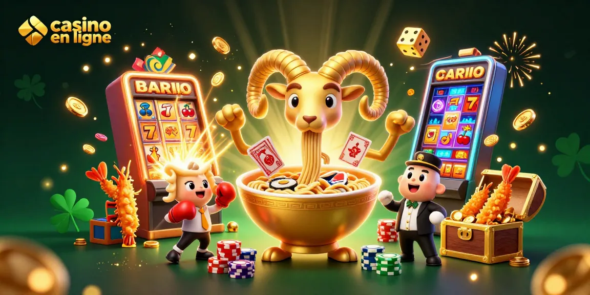 Une illustration dynamique de casino en ligne présentant un bol de ramen géant et des personnages animés, des jeux de casino autour.