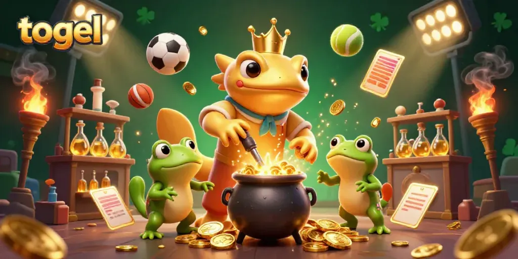 Engage with exciting togel-themed gameplay featuring a golden salamander alchemist and vibrant sports elements.
