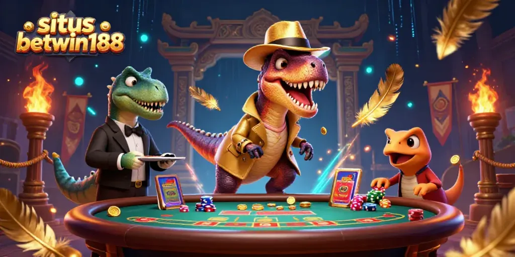 Mainkan situs betwin188 dengan kartu dan chip, raptor dan dinosaurus di meja blackjack.