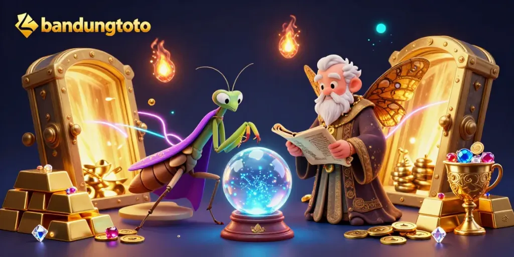 Experience thrilling games at bandungtoto with a vibrant 3D illustration of fortune tellers and treasures.