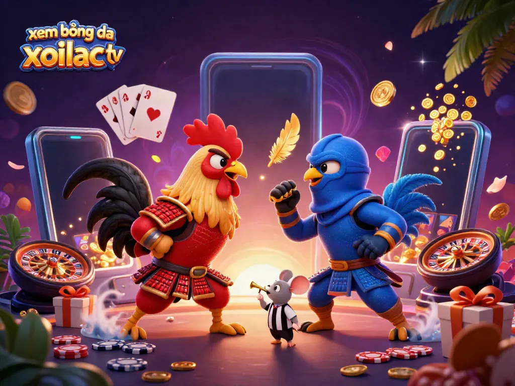 Xem bóng đá xoilac tv features intense rooster combat, embedded in a cinematic casino atmosphere.