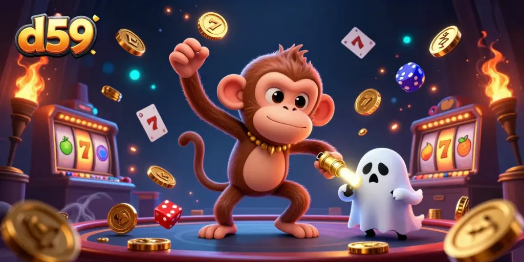 Permainan slot d59 yang menarik dengan karakter hantu lucu dan barang emas mengelilingi kasino.
