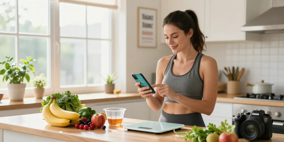 Using the best weight loss app, a woman tracks her breakfast with fresh ingredients in a sunlit kitchen.