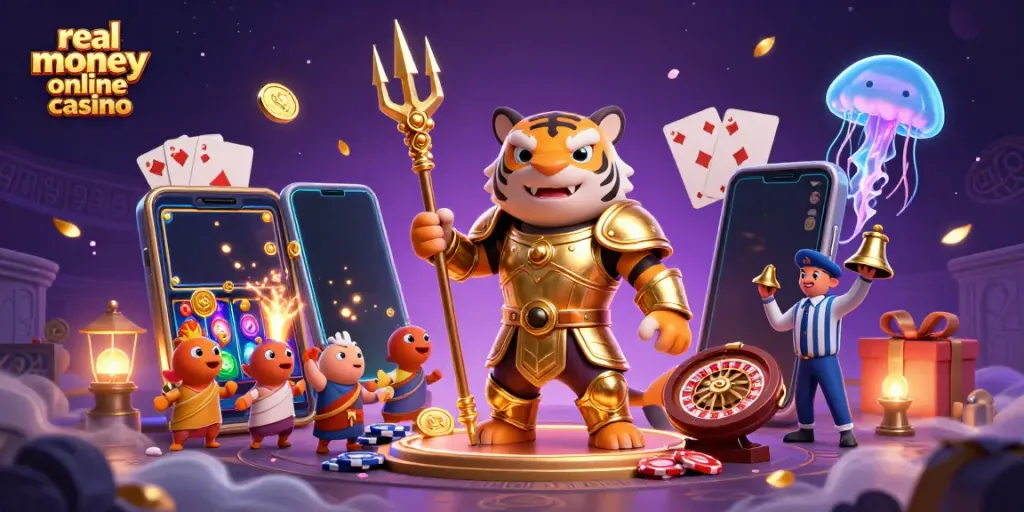 Experience the excitement of a real money online casino with a vibrant underwater colosseum scene featuring a tiger shark and dynamic game elements.