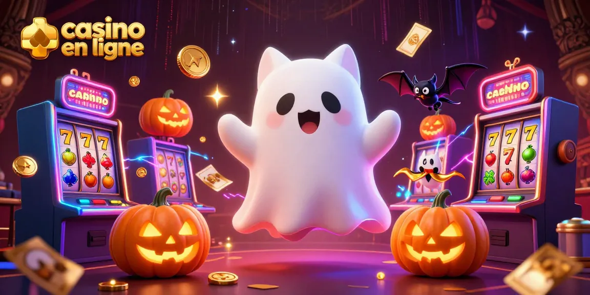 Un chat fantôme amical flottant dans un casino en ligne avec des jack-o'-lanterns et des machines à sous.