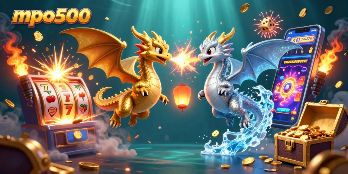 Experience winning strategies with mpo500 showcasing a gold and silver dragon amid thrilling slot action.