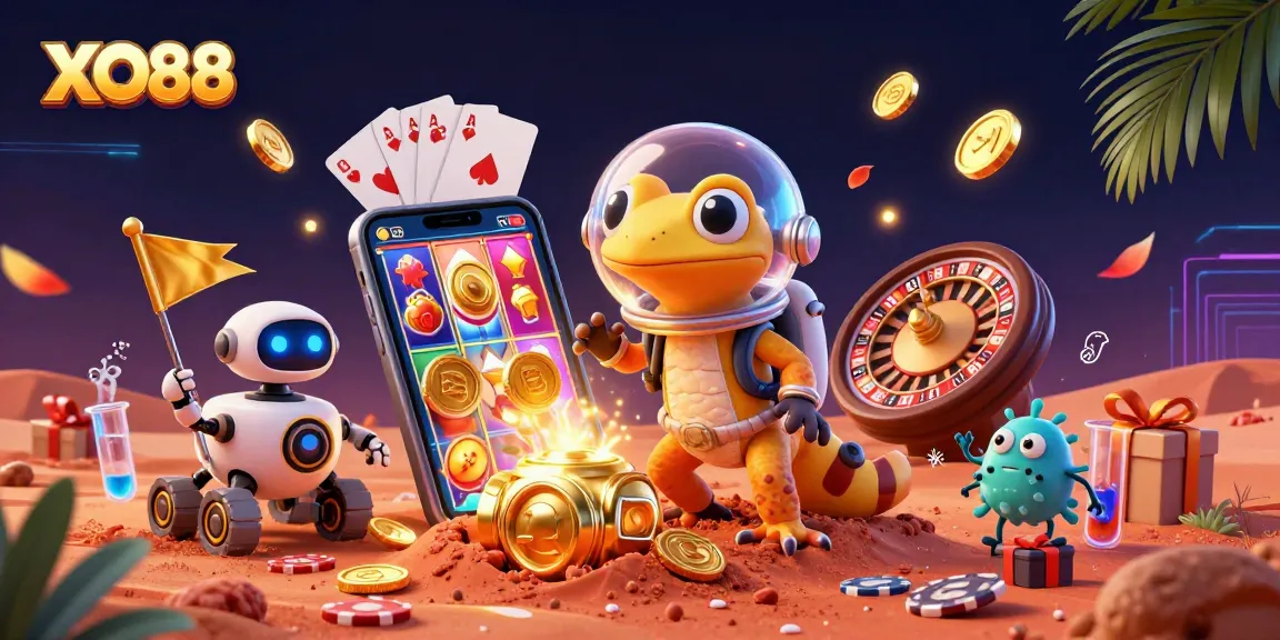 XO88 celebrates a Martian casino adventure with vibrant slot games and cheerful aliens.