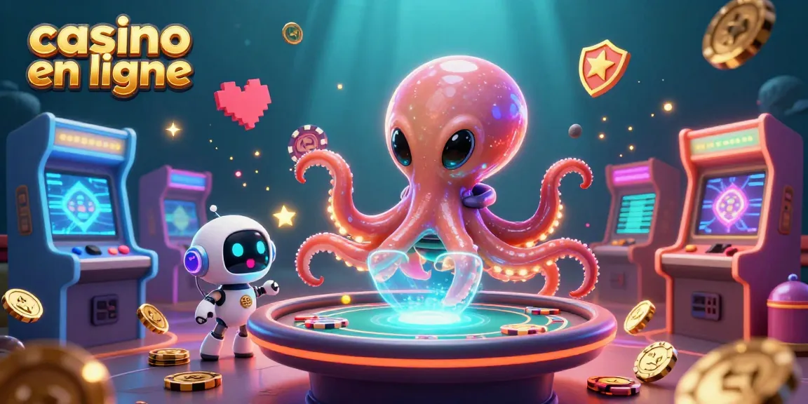 Découvrez notre casino en ligne unique avec une scène futuriste et dynamique où un poulpe alien et un robot jouent aux cartes.