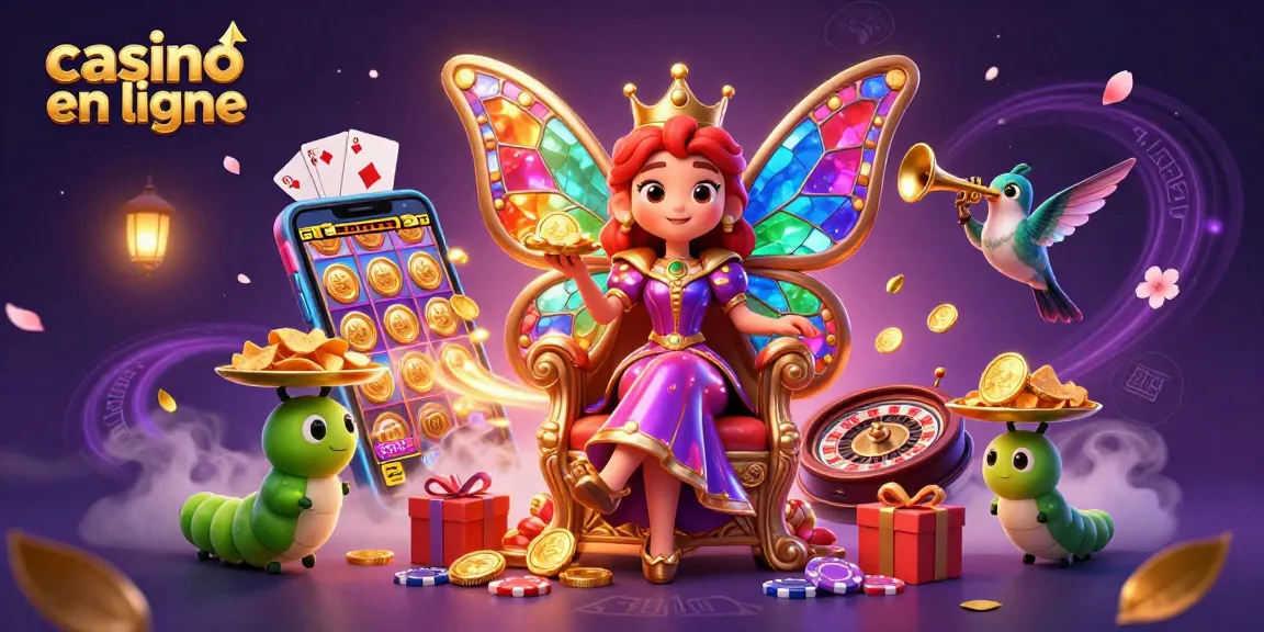 Gagnez avec le casino en ligne, où une reine papillon anime une scène féerique remplie de jeux vibrants.