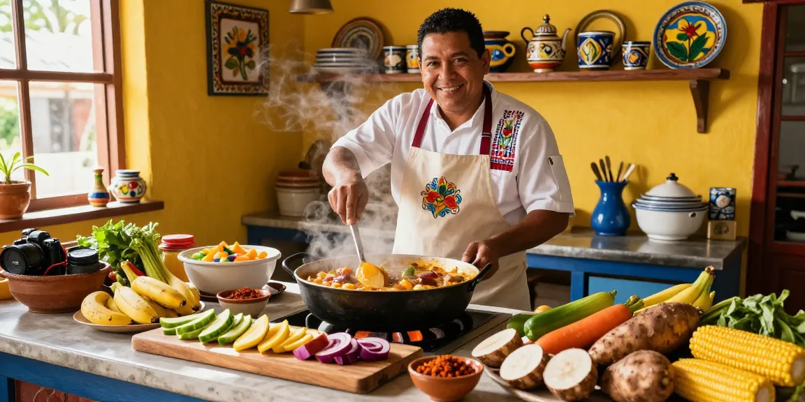 Best sancocho colombiano near me in a colorful Colombian kitchen with fresh ingredients.