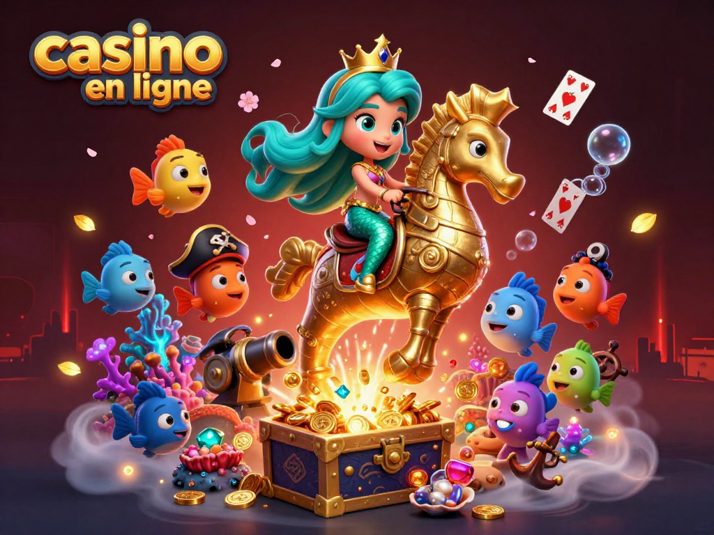 Jouez au casino en ligne avec une illustration vibrante et colorée représentant une princesse et un hippocampe.