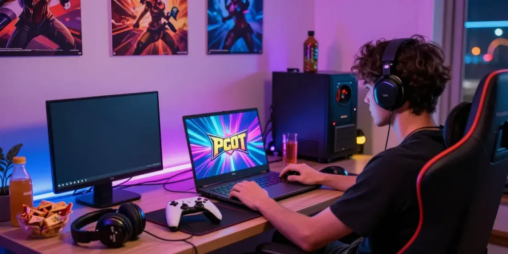Engaging PG SLOT gaming setup with vibrant screen graphics and cozy atmosphere.