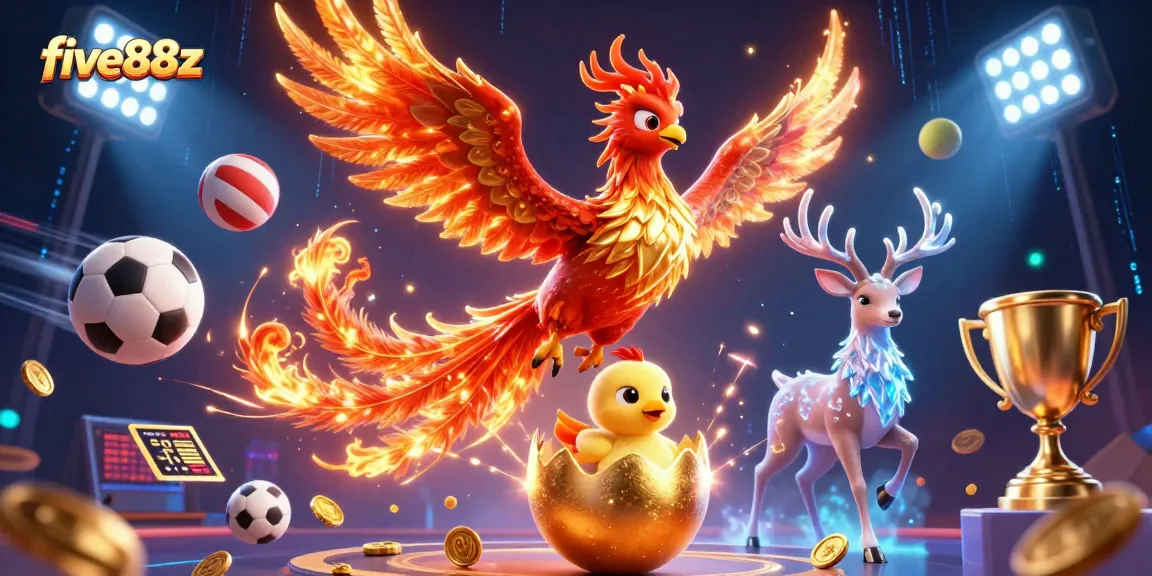 Experience the magic of five88z with a vibrant 3D casino scene featuring dynamic sports betting elements.