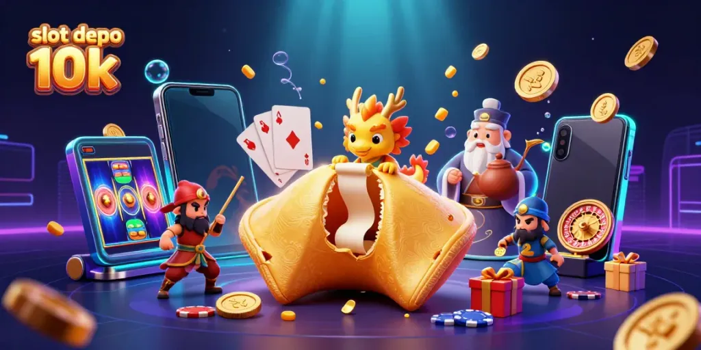 Experience the excitement of slot depo 10k with a magical illustration featuring fortune cookies, dragons, and slot games.