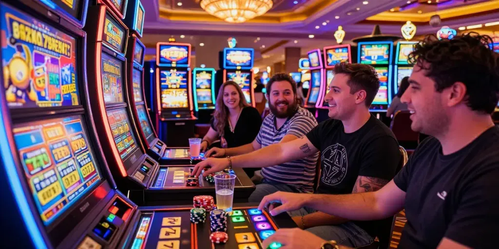 Excited players enjoying the slot777 game experience in a vibrant casino environment