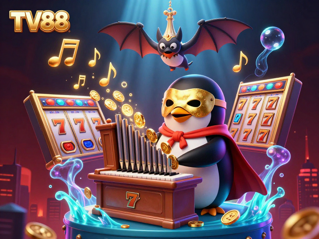 Experience the excitement at TV88 with a vibrant 3D illustration of casino elements featuring thrilling slots and golden coins.