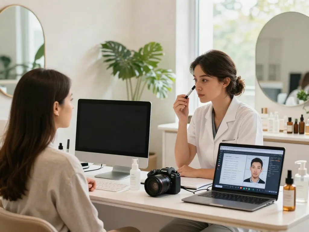 Consultation for alternatives to QOVES in a beauty analysis studio with an aesthetician and client.