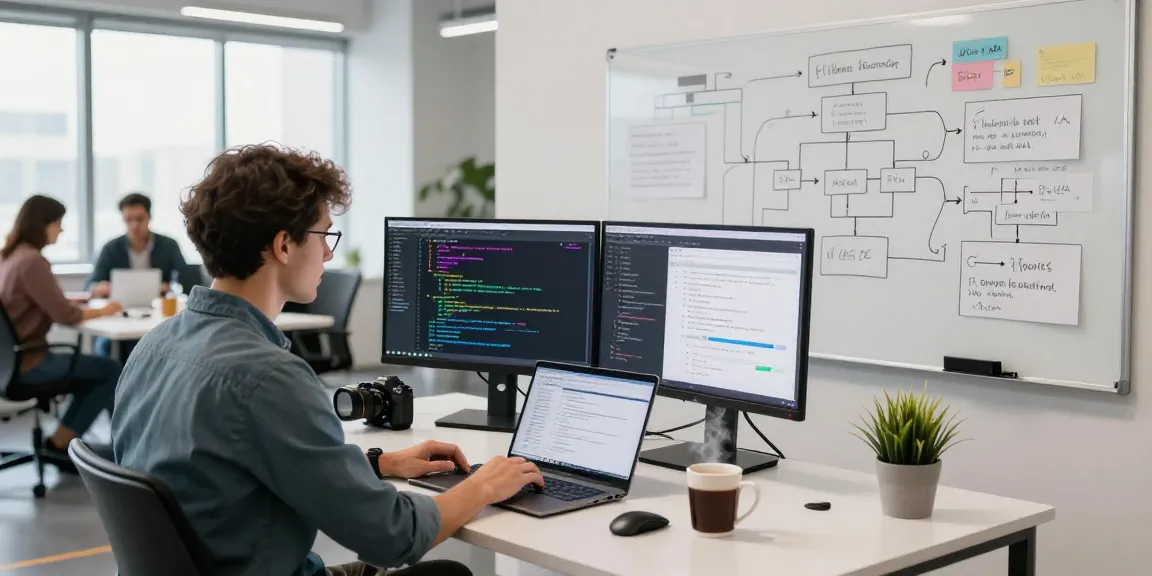 Engineer builds internal tools with AI in a modern collaborative workspace.