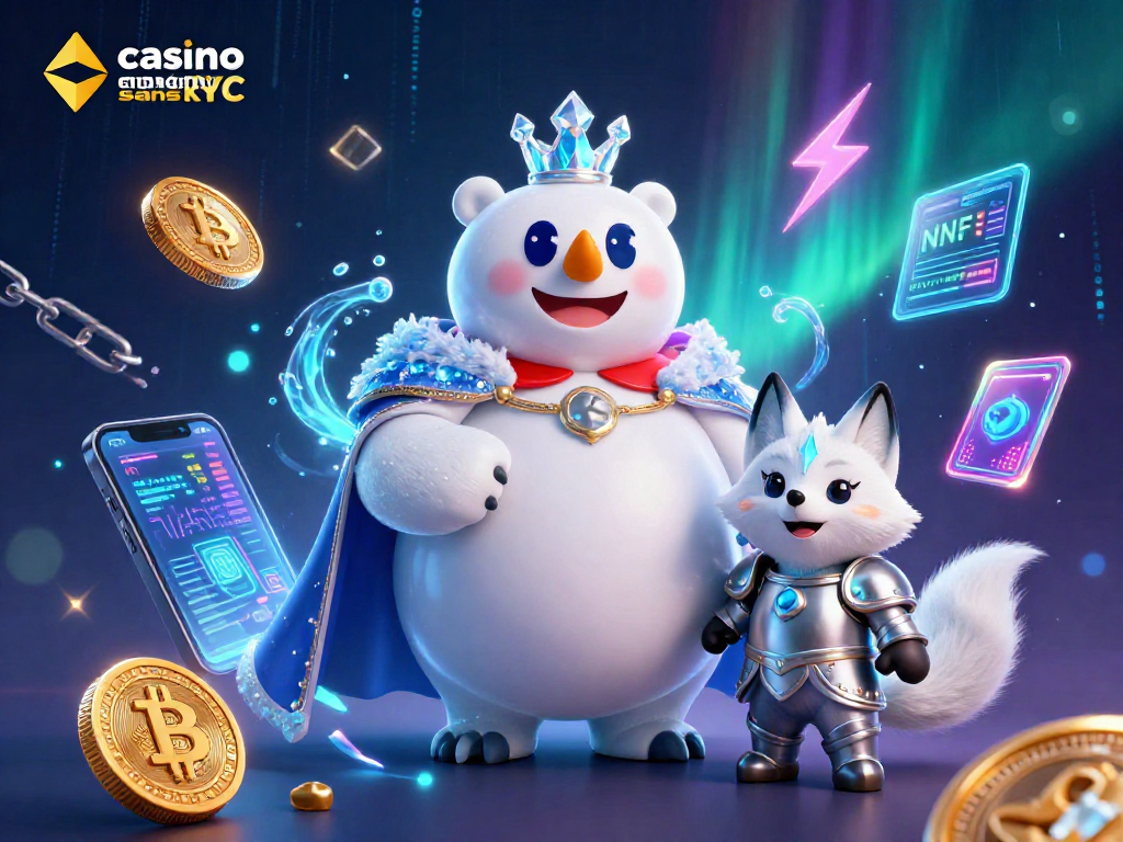 Jouez sur un casino en ligne sans KYC avec un ours polaire et un renard, entourés de pièces de crypto-monnaie.