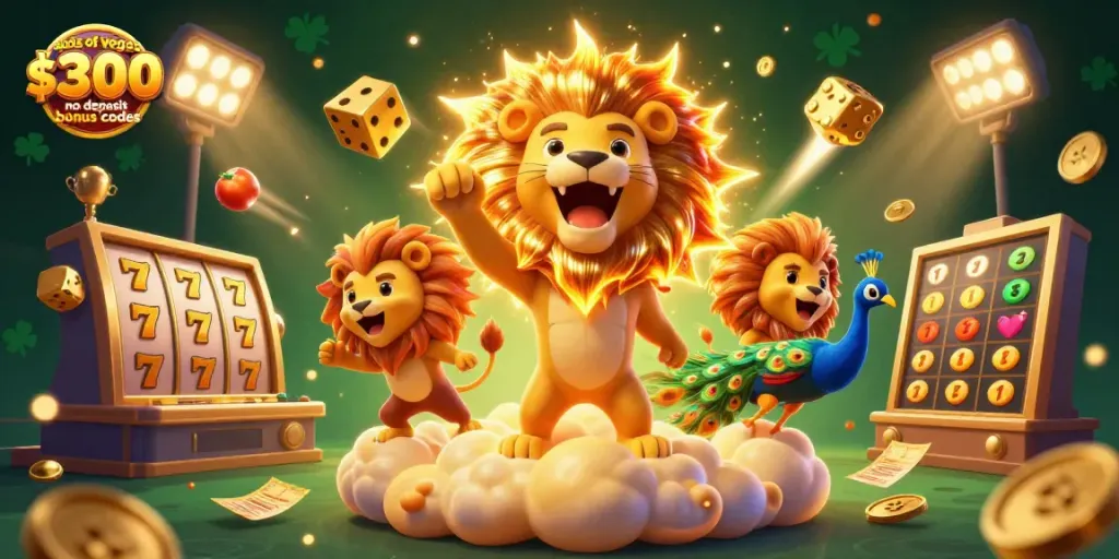 Engage with slots of vegas $300 no deposit bonus codes in a vibrant casino-themed illustration.