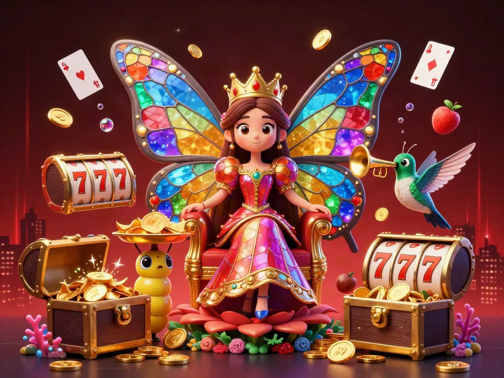 Jelajahi dunia PG Slot dengan ilustrasi seni 3D kartun yang menampilkan ratu kupu-kupu bertahta, dikelilingi simbol keberuntungan.