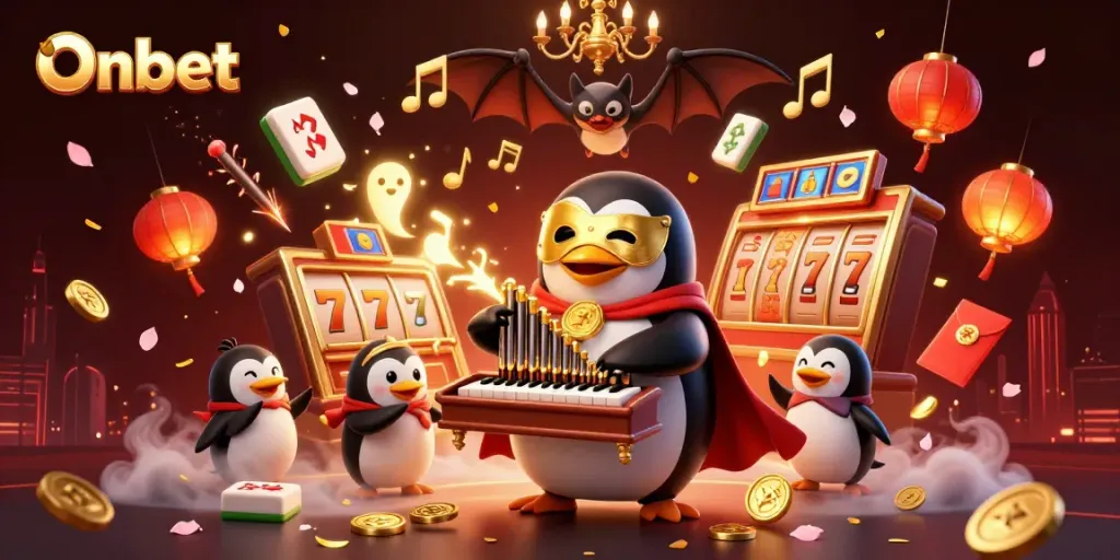 Experience the thrill of Onbet's slots with a lively 3D scene featuring a penguin organist.