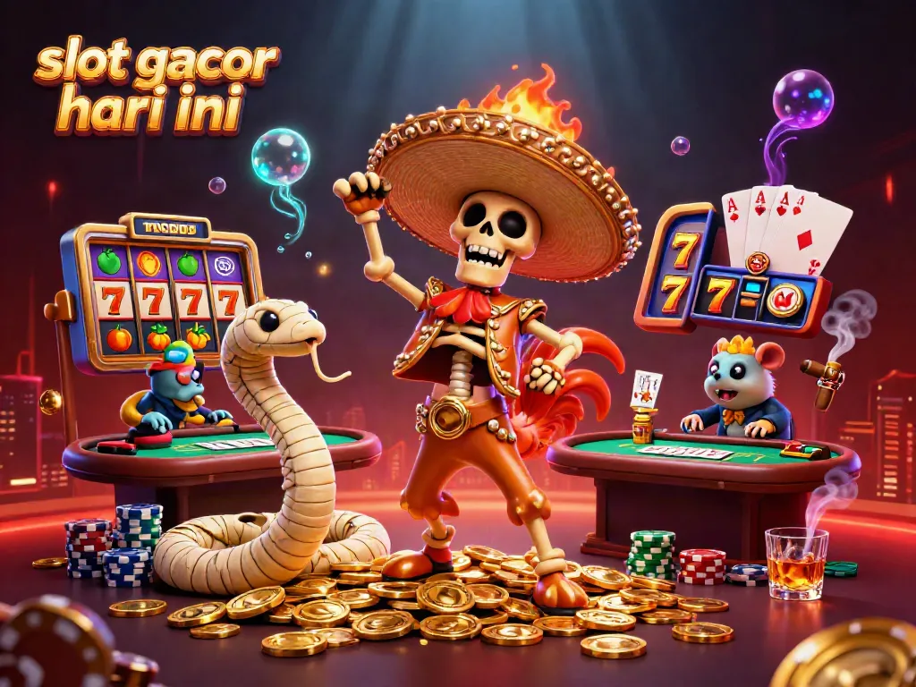 Ilustrasi slot gacor hari ini dengan karakter skeleton, ular mummy, dan DJ hamster zombie di tumpukan koin emas.