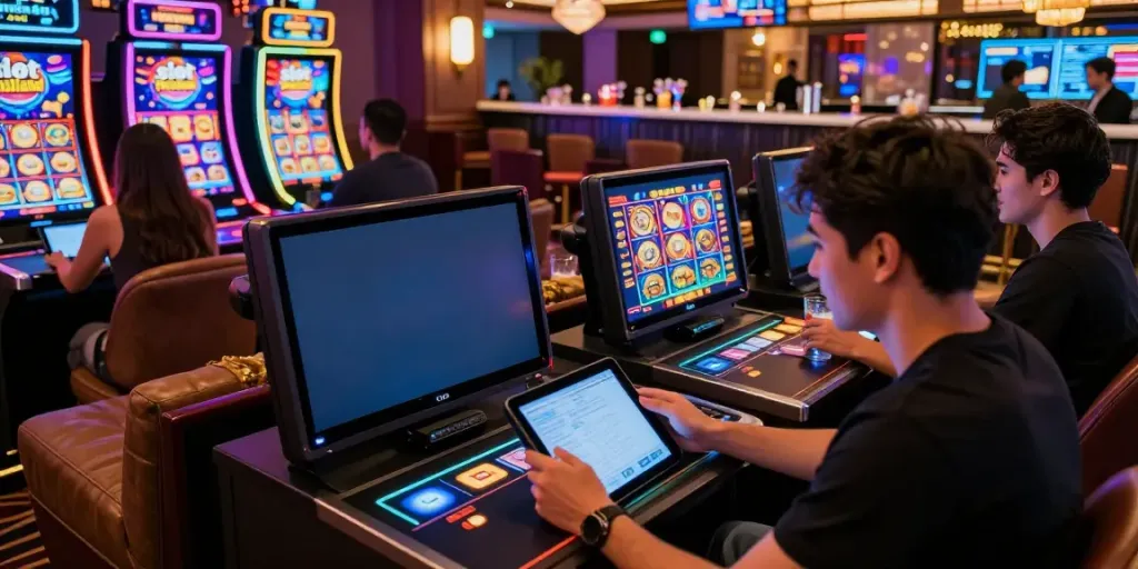 Player enjoying slot thailand games in upscale gaming lounge with vibrant lighting.